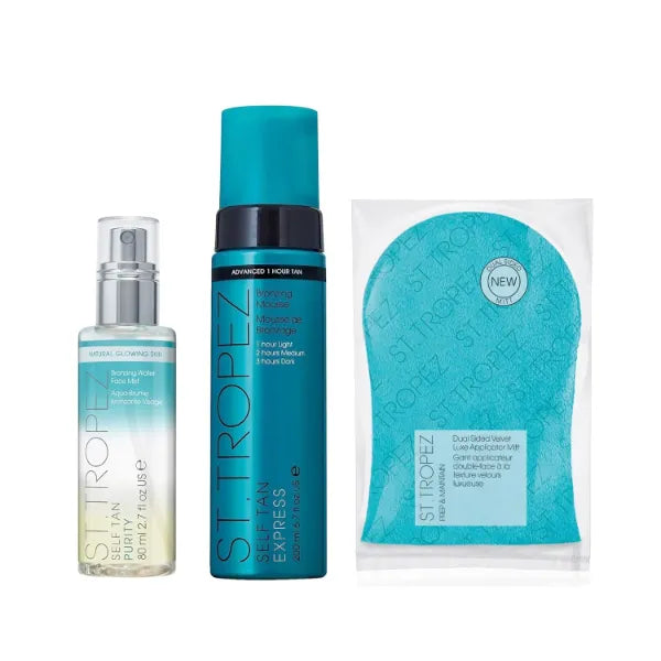 St.Tropez Face & Body Bundle | Express Mousse 6.7 Fl Oz, Develops in 1-3 Hours | Purity Face Mist 2.7 Fl Oz | Double Sided Luxe Mitt for Streak-Free Tan | Vegan & Cruelty Free