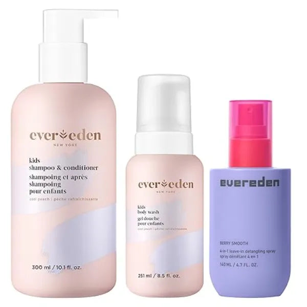 Evereden Kids Shampoo and Conditioner 2 in 1, Kids Body Wash set and Detangling Spray Gentle and Clean Skin Care Non toxic Ingredients Cool Peach scent