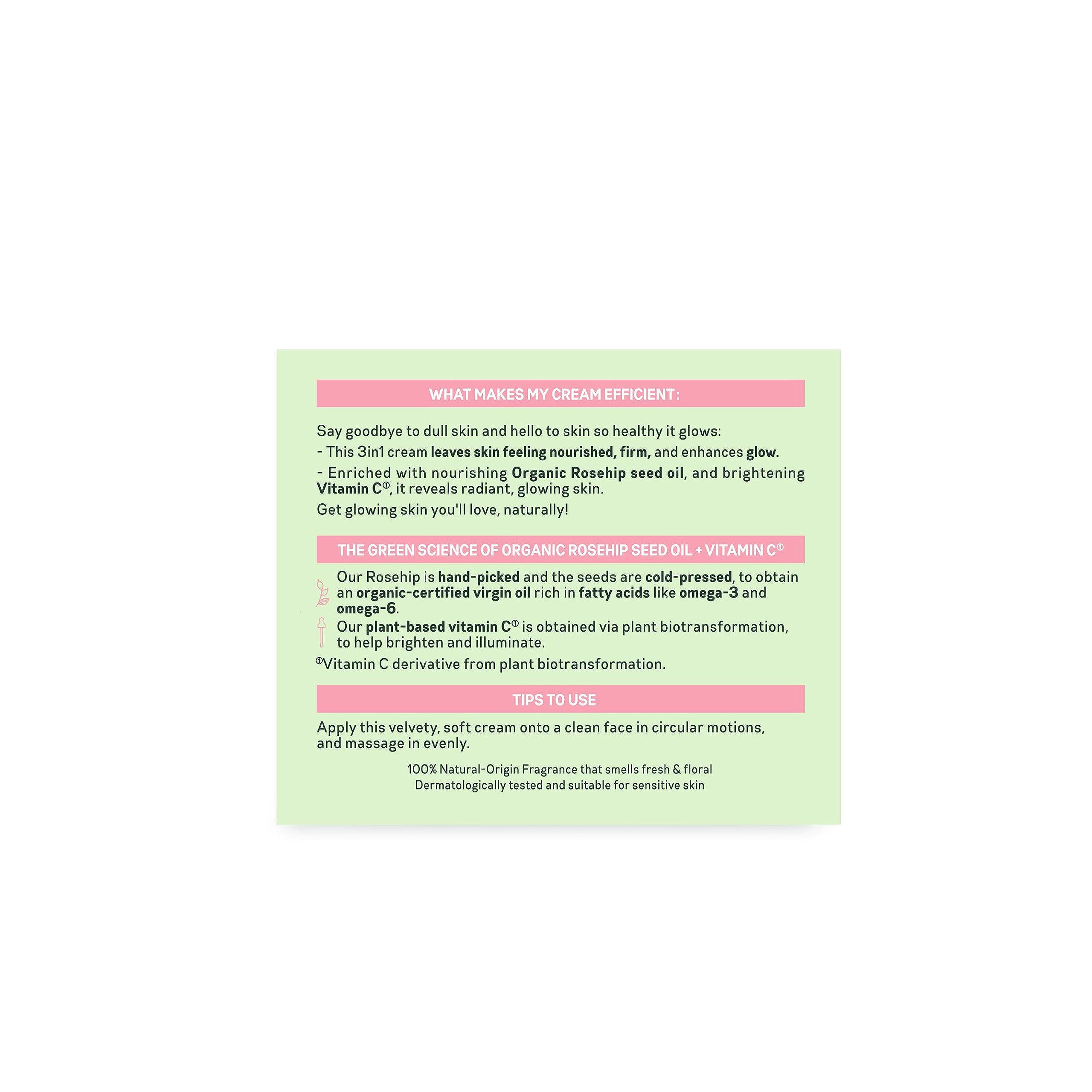 Garnier Organic Rosy Glow 3in1 Youth Cream 50ml, For Radiant and Glowing Skin, With Rosehip Seed Oil and Brightening Vitamin C, Vegan Formula, Suitable For All Skin Types, Pack of 1