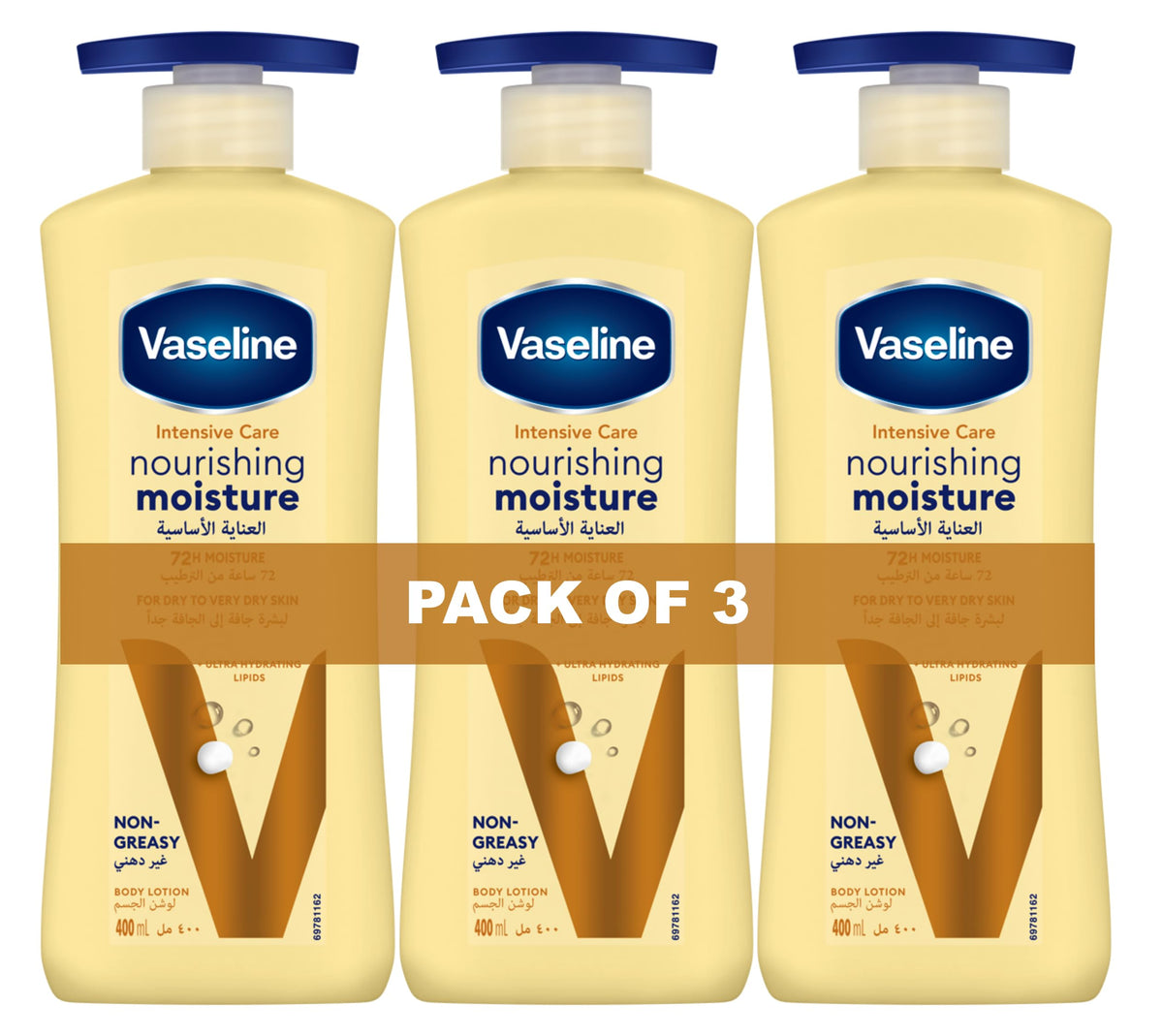 Vaseline Intensive Care Body Lotion, for Dry to Very Dry Skin, Nourishing Moisture, 72hr Moisturising - 3 x 400ml