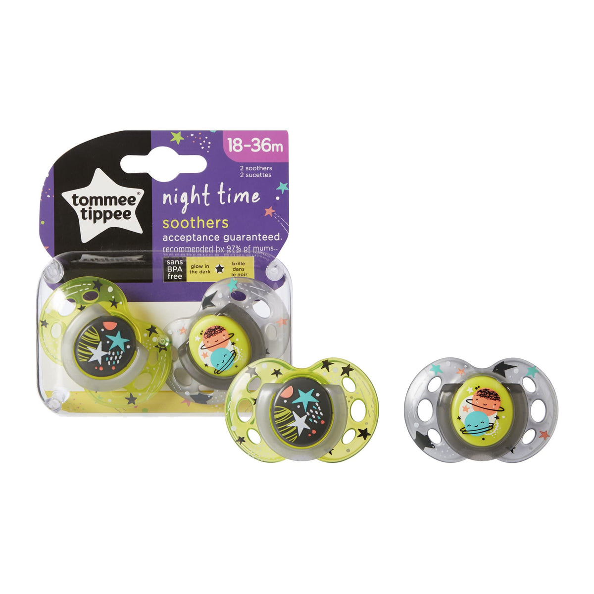 Tommee Tippee Night Time Glow in the Dark Soothers, Symmetrical Orthodontic Design, BPA-Free Silicone, 18-36m, Pack of 2 Dummies