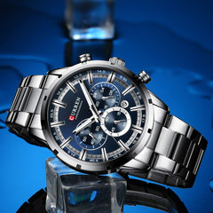 CURREN Herren-Armbanduhr Sport Quarz Chronograph Armbanduhr mit Leuchtzeigern Mode Edelstahl Uhr Datum - silver blue