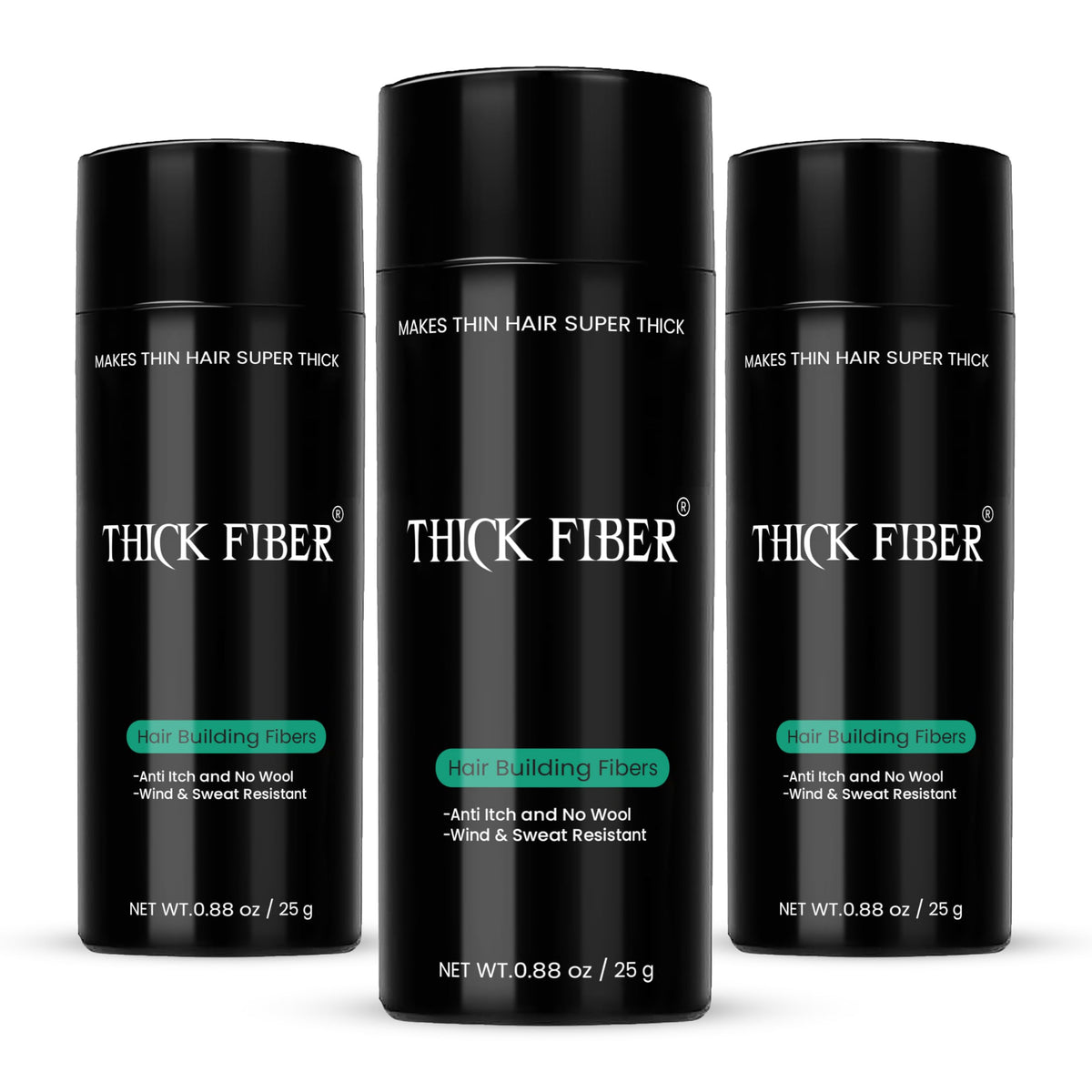 THICK FIBER Hair Building Fibers for Thinning Hair & Bald Spots (BLACK, Pack of 3) - 25g Bottle - Conceals Hair Loss in Seconds - Hair Fiber concealer for Men & Women