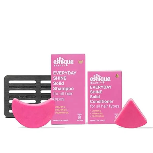 Ethique Beauty Everyday Shampoo & Conditioner Bar + Storage Tray Set for Shiny Hair with Vitamin C Plastic Free