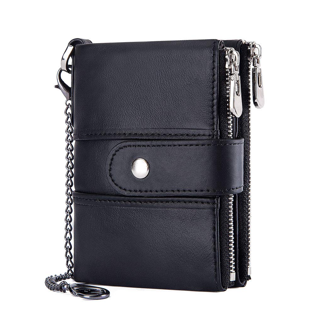 HARPIMER Leather Mens Wallet Zipper Purse Coin Wallet RFID Blocking with Chain, Coin Pocket Small Mens Bifold Wallets (Black), Black, Rfid Wallet