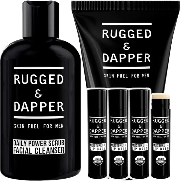 RUGGED & DAPPER Hydration Remedy Lip Balm, Age Defense Face Moisturizer and Daily Power Scrub Facial Cleanser