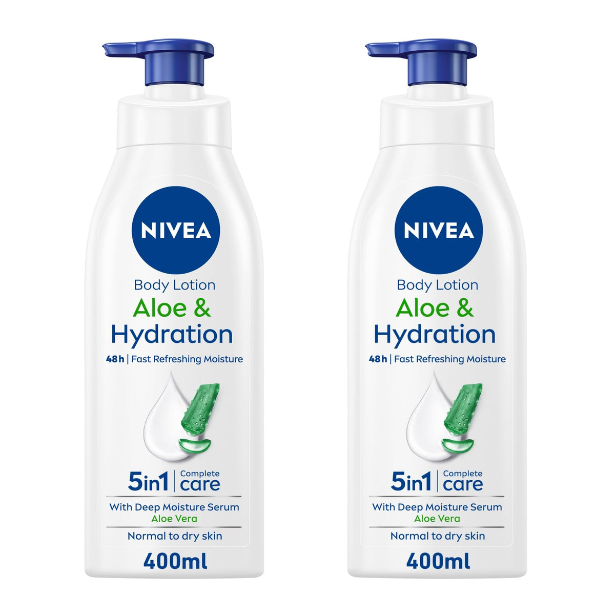 NIVEA Body Lotion for Normal to Dry Skin, Aloe & Hydration, 5in1 Complete Care, with Deep Moisture Serum, 48H Fast Refreshing Moisture, 2x400ml - Pack of 2