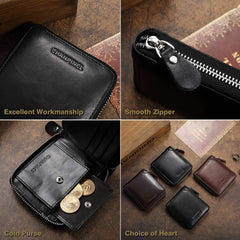 Mens Genuine Leather Zipper Wallet RFID Secure Large Capacity Double Fold Multi-card Leather Wallets for Men and coin purse (Vintage leather black)