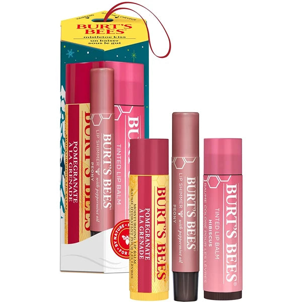 Burt's Bees Mistletoe Kiss Pink, Pomegrante, Peony, Hibiscus Lip Balm and Shimmer Holiday Collection Gift Set of 3-1 Count