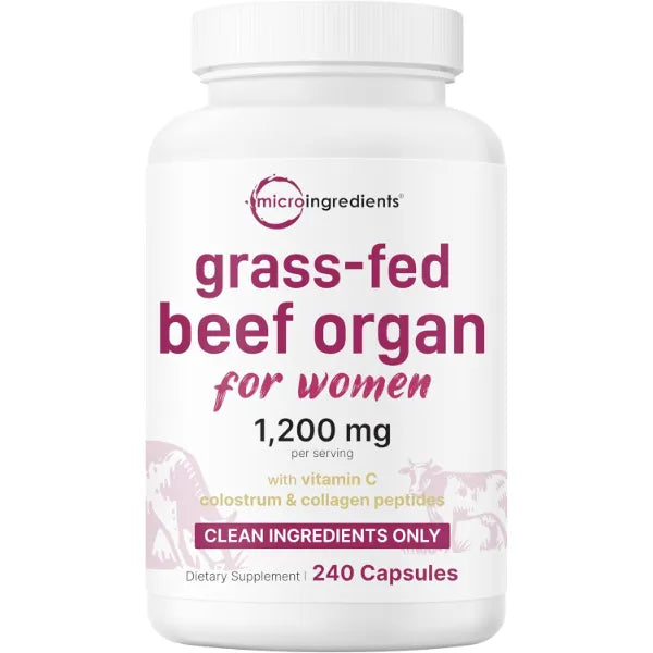 Micro Ingredients Grass‑Fed Beef Organ Supplement for Women – Bovine Beef Liver, Kidney, Heart & Uterus Tissue – 1,200 mg Organ Blend Plus Vitamin C, Colostrum & Collagen – 240 Capsules, No Fillers