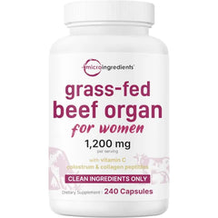 Micro Ingredients Grass‑Fed Beef Organ Supplement for Women – Bovine Beef Liver, Kidney, Heart & Uterus Tissue – 1,200 mg Organ Blend Plus Vitamin C, Colostrum & Collagen – 240 Capsules, No Fillers