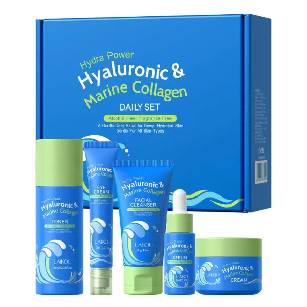 LAIKOU Hydra Power Skin Care Set Hyaluronic & Marine Collagen Skin Care Skin Care Kit with Facial Cleanser, Serum, Toner, Cream, Eye Cream Non Greasy, Fragrance Free Beauty Gift