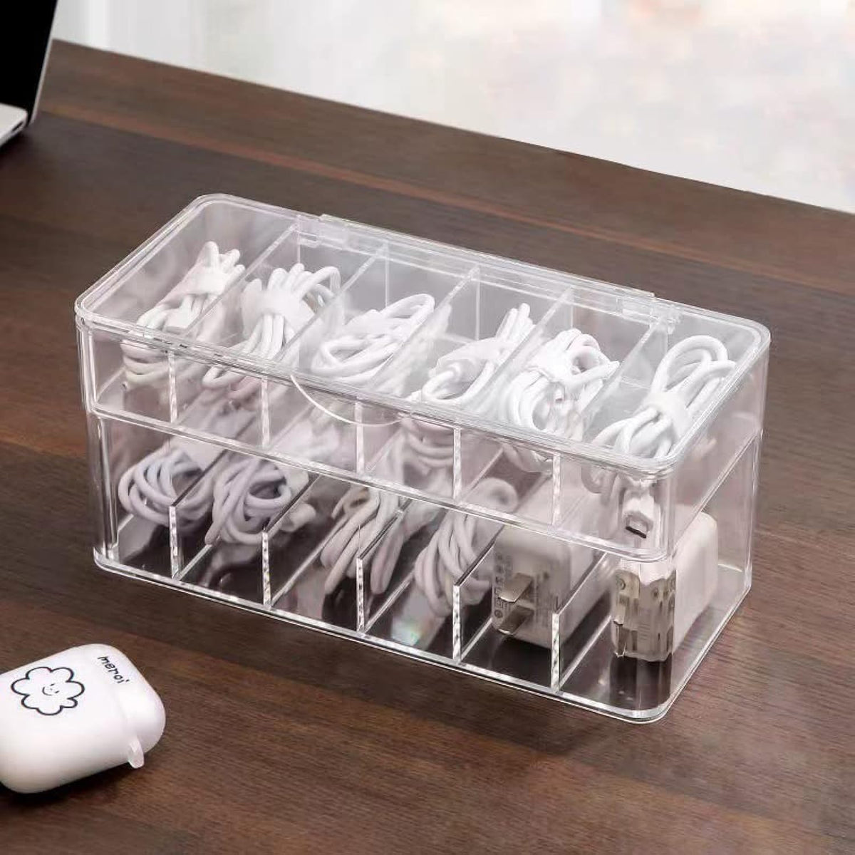 TenSteed Data Cable Organizer Storage Box with Lid Clear Charger Cable Organizer Desktop Accessory Storage Organizer Cable Management Neat with 12 Compartments& 15 Pieces Cable Ties (Double Layer)