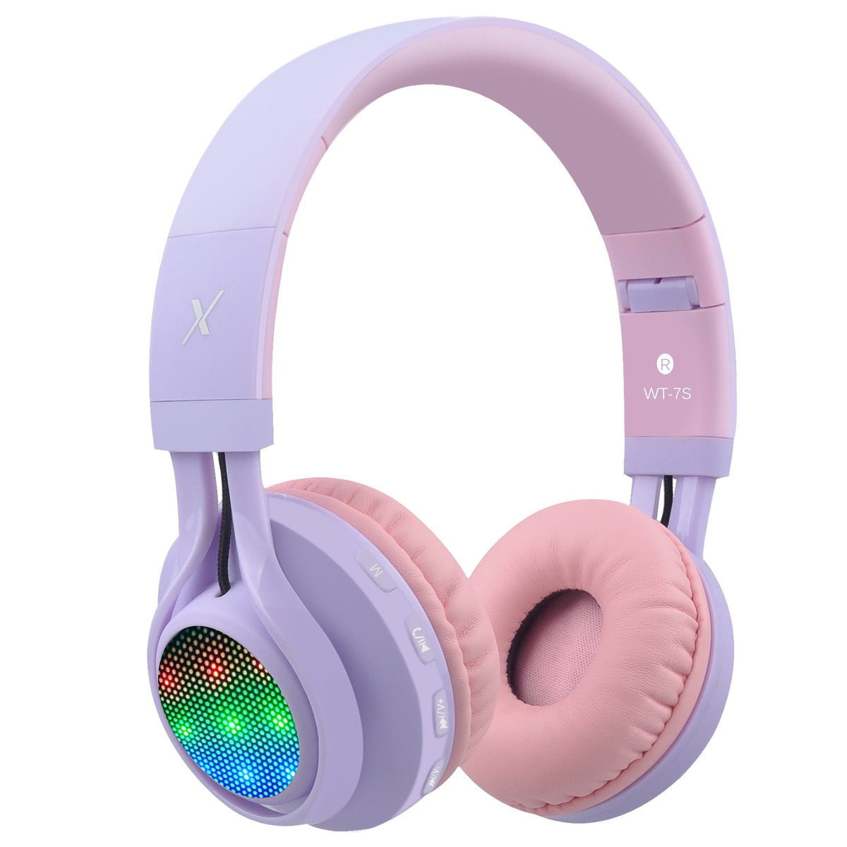 Riwbox WT-7S Kids Bluetooth Headphones Light Up, Foldable Stero Wireless Headset with Microphone and Volume Control for PC/Tablet/TV/Travel - Purple