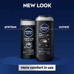 NIVEA MEN Active Clean 3in1 Shower Gel, Cleans Body, Face and Hair, with Active Charcoal, for Purified and Stimulating Skin, for All Skin Types, 250ml