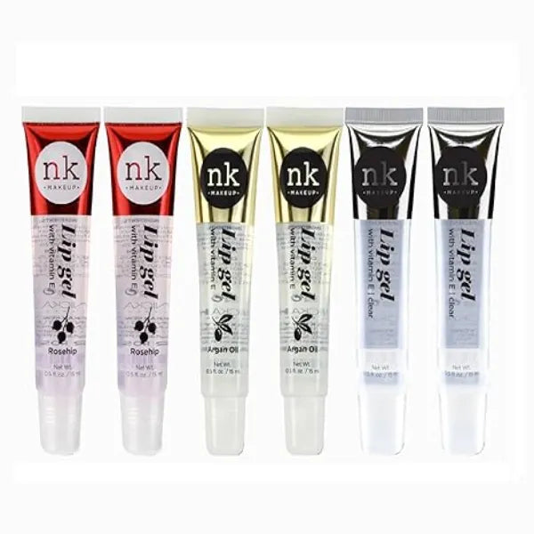 NICKA K NEW YORK 6 PACK Clear Lip Gel with Vitamin E (Argan Oil 2pcs & Rosehip 2pcs & Clear 2pcs)