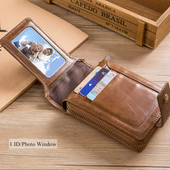 BULLCAPTAIN Genuine Leather RFID Wallet for Men Large Capacity ID Window Card Case with Zip Coin Pocket QB-231, Brown, Small, Minimalist