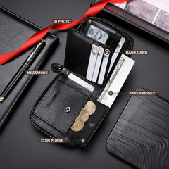 CHANPINCL Mens Genuine Leather Zipper Wallet RFID Secure Large Capacity Double Fold Multi-card Leather Wallets for Men and coin purse, Vegetable tanned leather black, One size, Classic