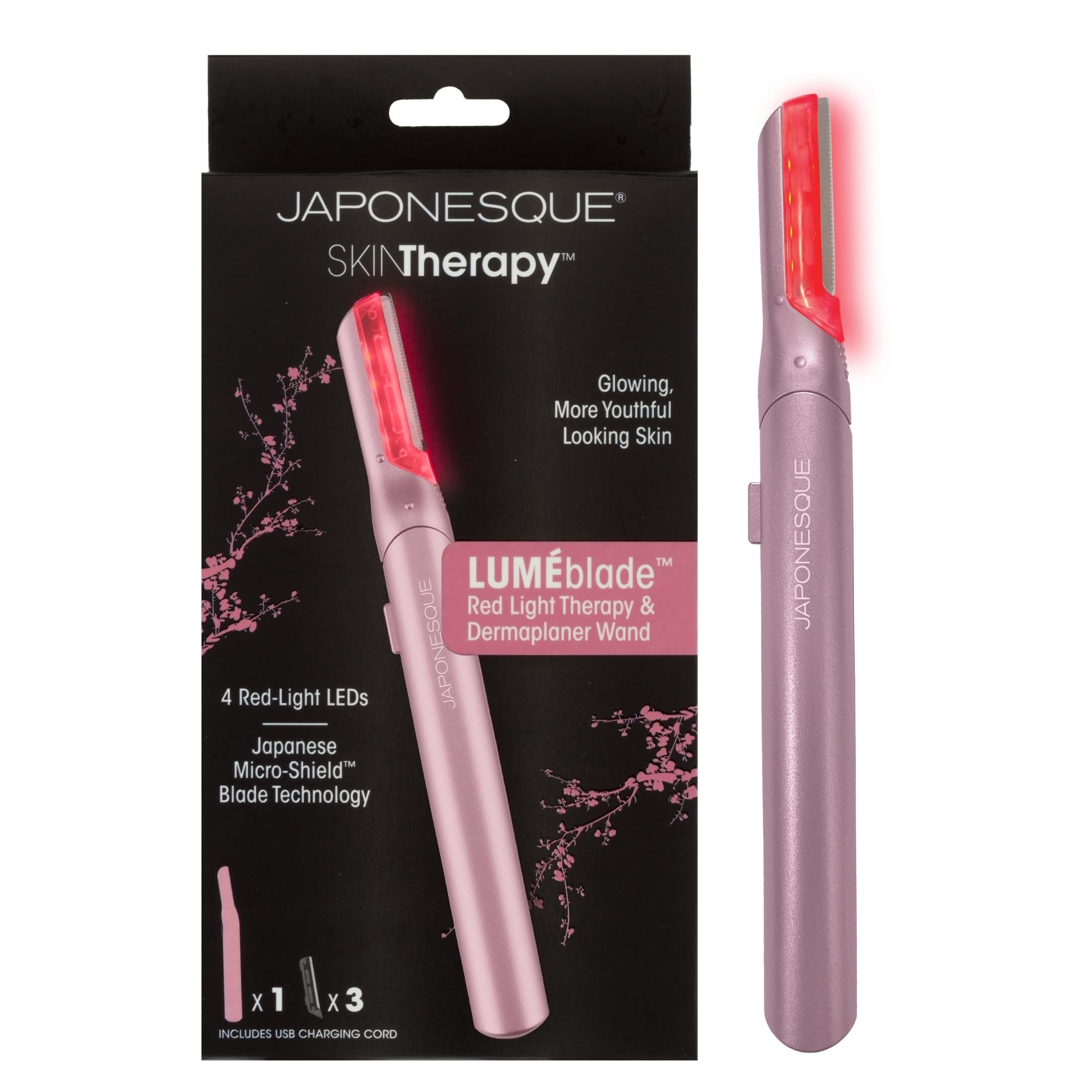 JAPONESQUE SKINTherapy LumeBlade Facial Dermaplane Razor with Soothing, Red Light Therapy at the Blade, Includes 2 Replacement Blades