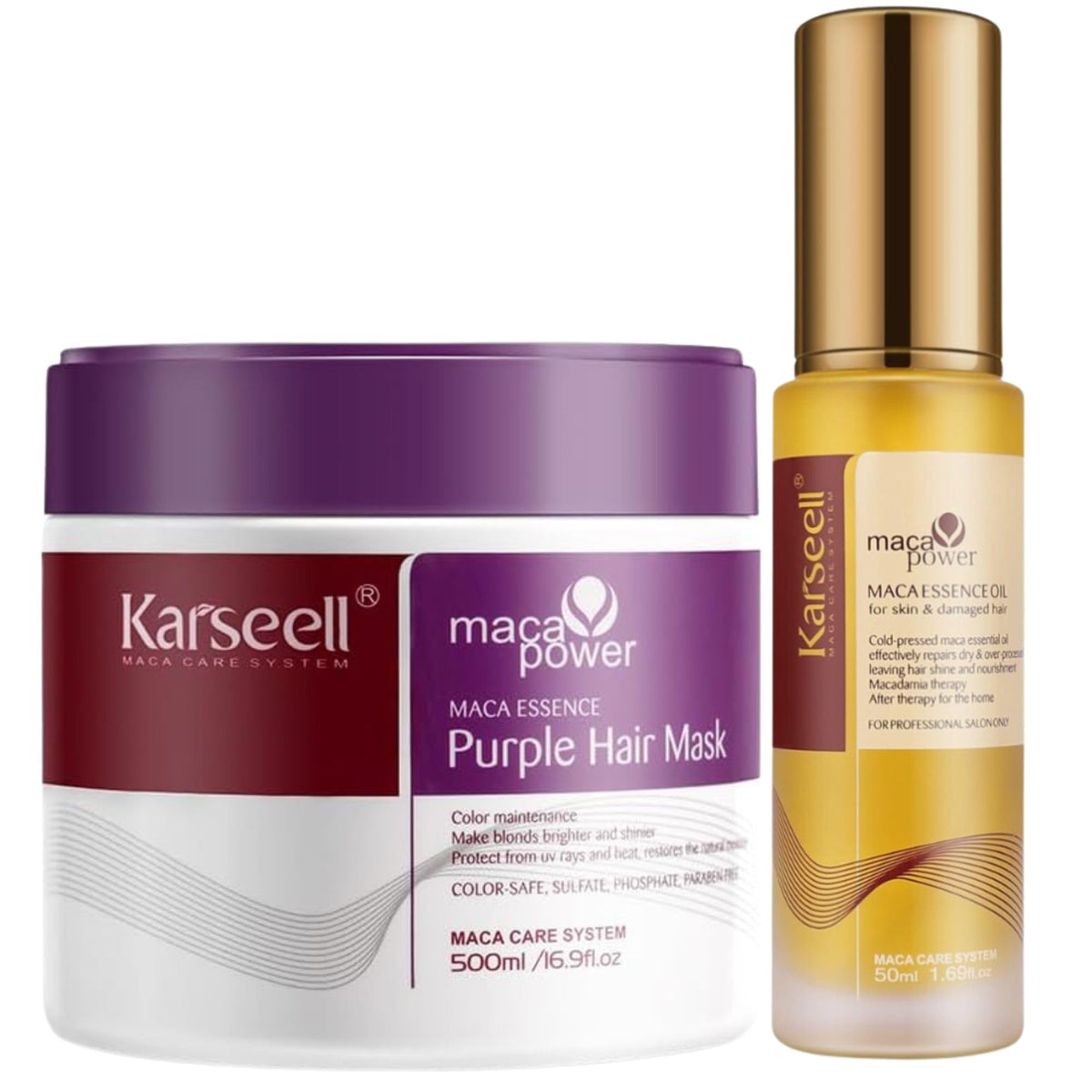 Karseell MACA CARE SYSTEM Set of 2 Purple Hair Mask + Argan Oil Repairs Dyed Hair Matizer for Blonde and Grey Hair Lightener Dry and Damaged Hair - 500ml + 50ml