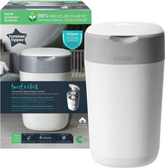 Tommee Tippee Twist and Click Advanced Nappy Bin, Eco-Friendlier System, Includes 1x Refill Cassette with Sustainably Sourced Antibacterial GREENFILM, White