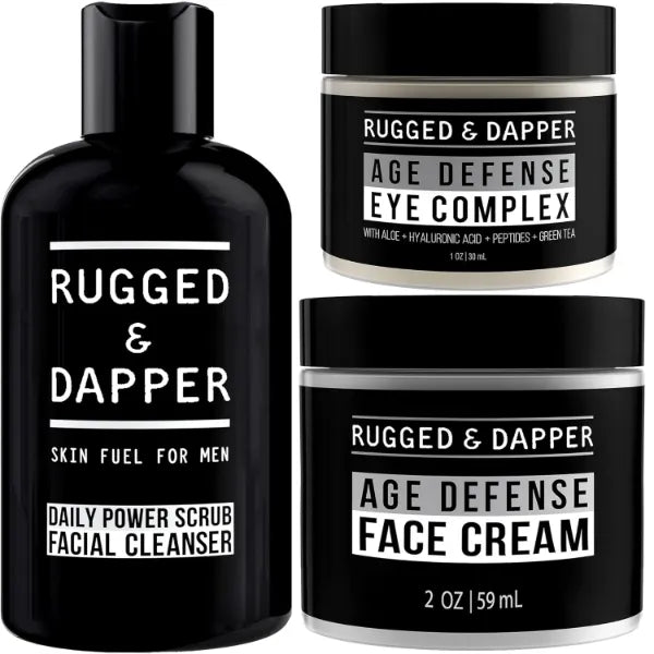 RUGGED & DAPPER Age Defense Face Cream, Daily Power Scrub Facial Cleanser, Age Defense Eye Complex