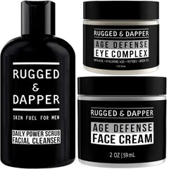 RUGGED & DAPPER Age Defense Face Cream, Daily Power Scrub Facial Cleanser, Age Defense Eye Complex