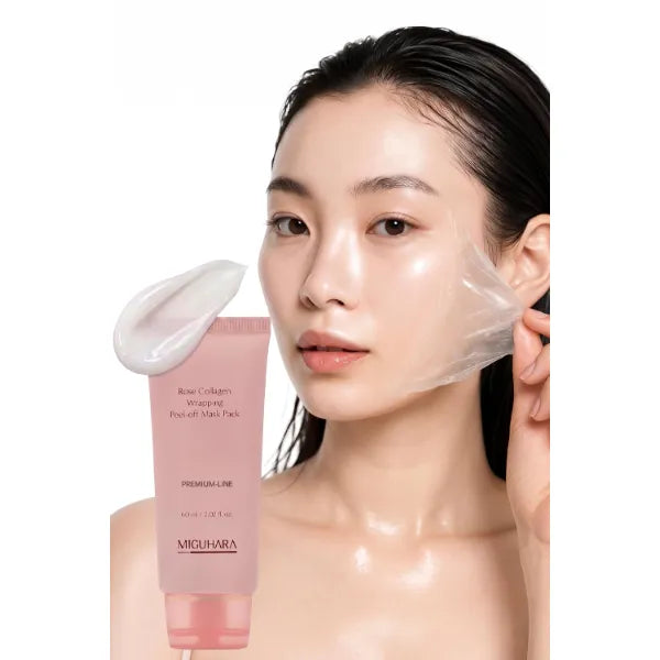MIGUHARA Collagen Rose Wrapping Peel Off Mask | Pore Minimizer & Glass Skin Glow | Vegan Korean Face Mask with French Rosa Centifolia Flower Extract, Firming & Dullness Care, 2.02 fl.oz