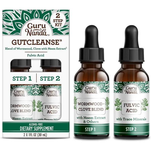 GuruNanda Gutcleanse 2-Step Kit - Dietary Supplement to Help with Digestion - Blend of Fulvic Acid, Wormwood, Clove & Neem Extract, 2x1 FlOz