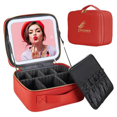 Travel Makeup Bag With Led Light Recargeable Magnifying Vanity mirror with 3 Adusjtable Brightness Mode Waterproof Cosmatic Train Case Cleaning Clothes & Divider RED (makeup bag with led light)