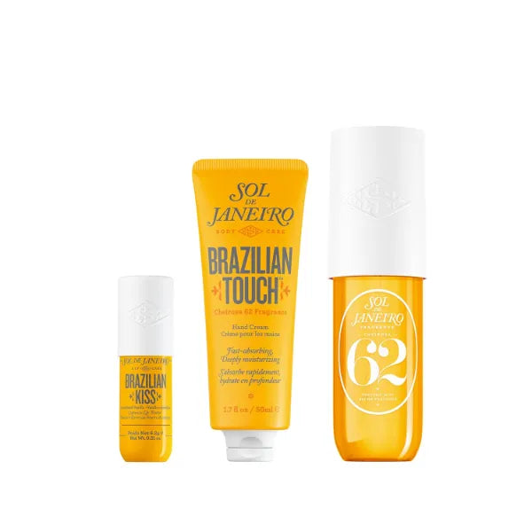 SOL DE JANEIRO Purse Essentials Travel Size Bundle | Brazilian Kiss Lip Butter, Brazilian Touch Hand Cream and Cheirosa 62 Perfume Mist 3.0 fl oz