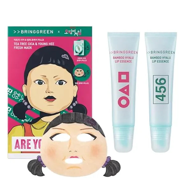 BRING GREEN X NETFLIX SQUID GAME Fresh Facial Mask (10 Counts) + Bamboo Hyalu Lip Essence Double Set