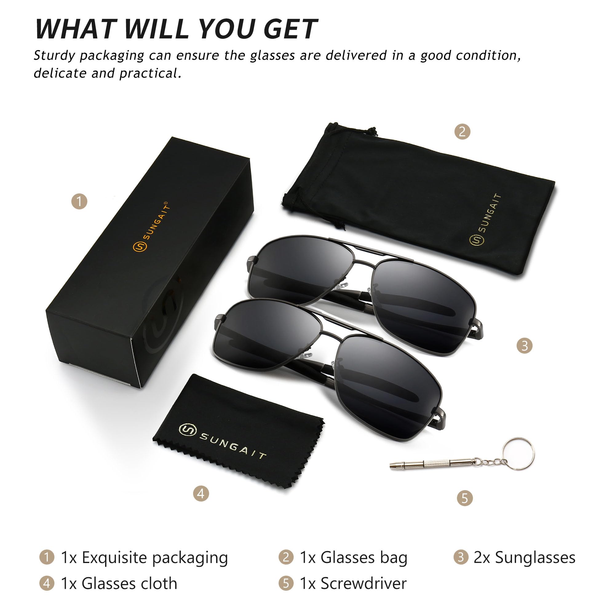 SUNGAIT Men's Polarized Square Aviator Sunglasses Durable Metal Frame for Fishing Driving Golf 100% UV Protection