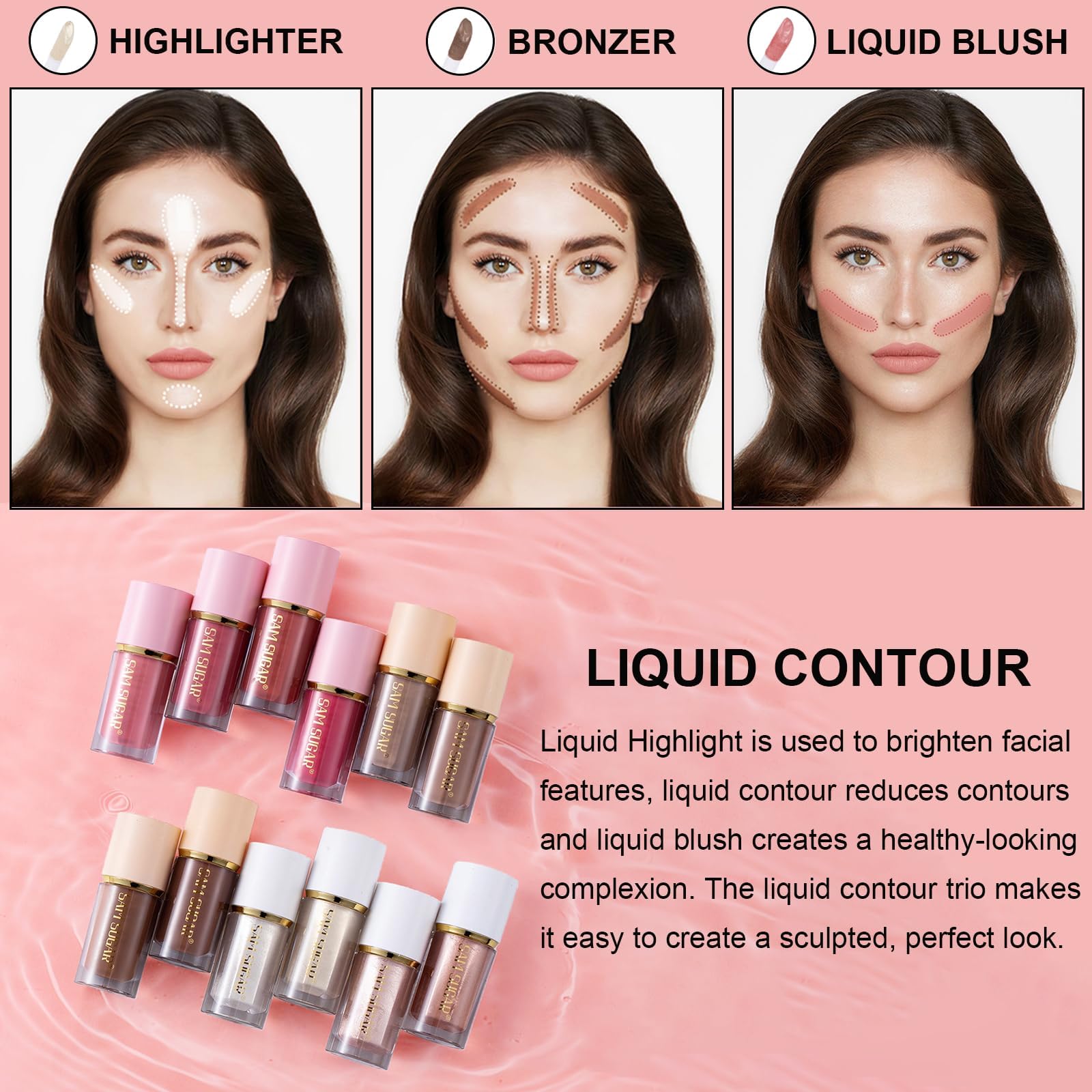 Azonee Liquid Contour Stick Trio, 3Pcs Liquid Contour Beauty Wand, Highlighter for Sculpted Makeup, Matte Finish Liquid Contour, Lightweight Look, Longwear Waterproof Formula for All Skin Tone