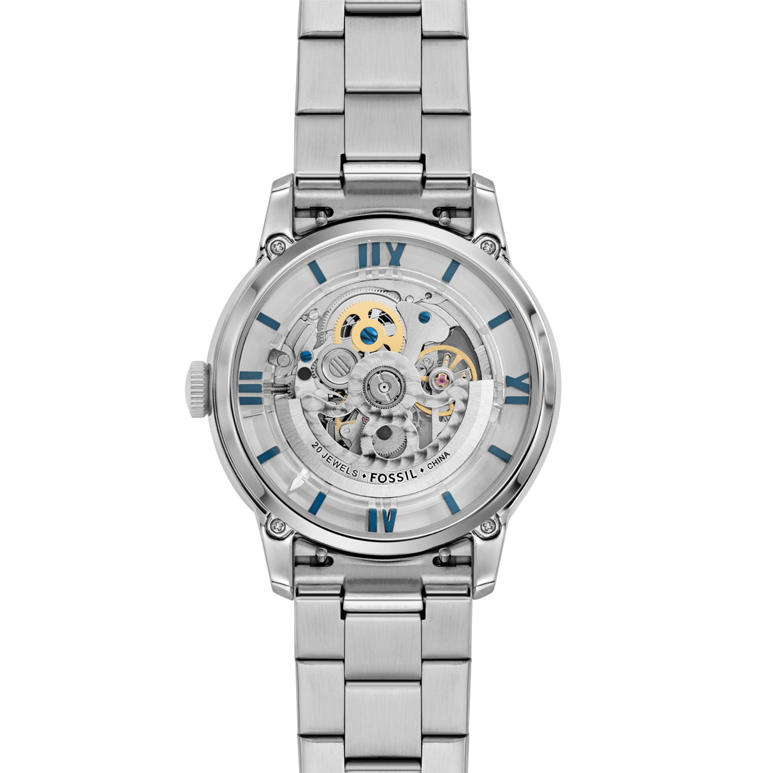 Fossil Men's Townsman Automatic Stainless Steel and Leather Three-Hand Skeleton Watch, Color: Silver/Pacific Blue Indices (Model: ME3260)