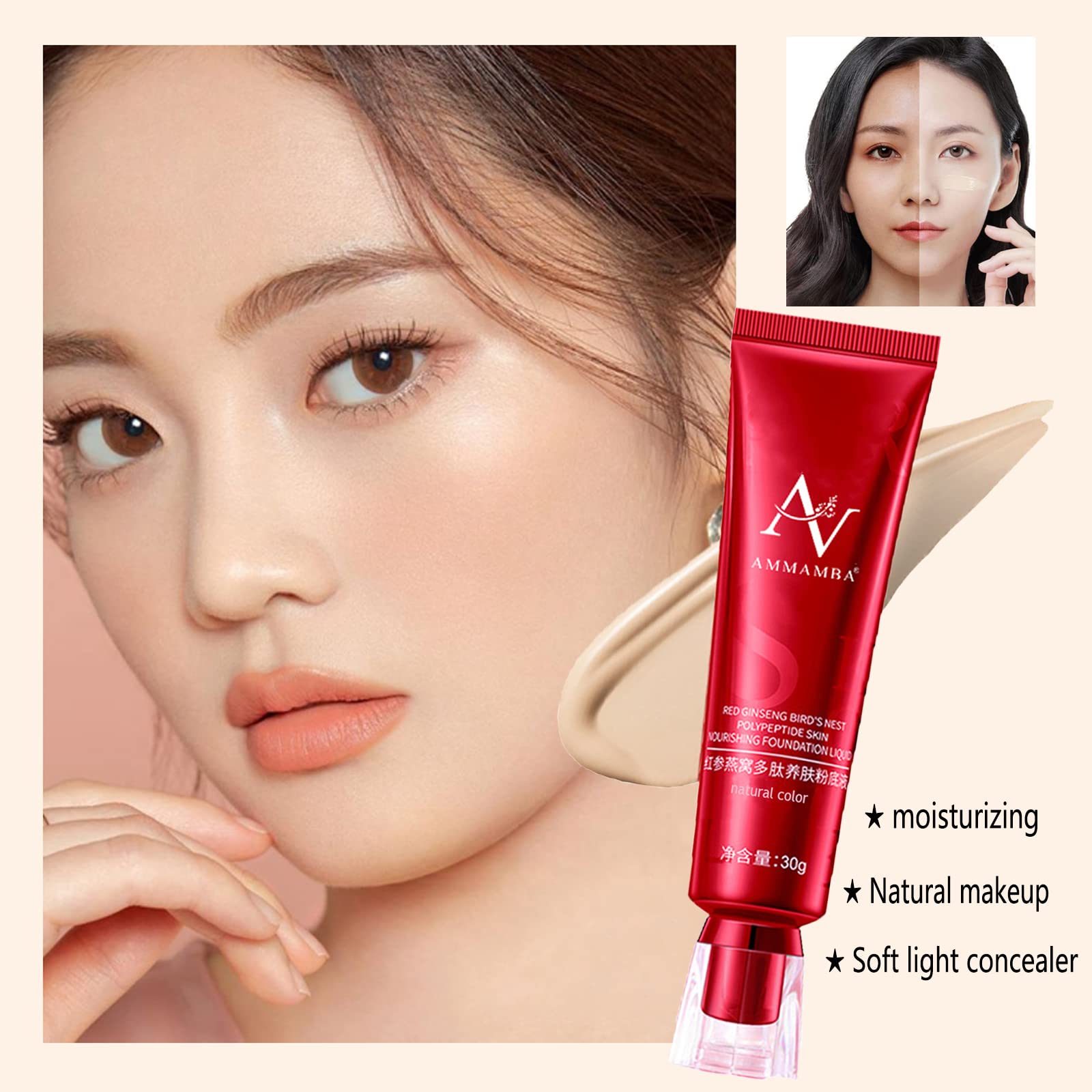 Red Ginseng Bird's Nest concealer Liquid Foundation, Natural red ginseng skin nourishing, 24h long lasting moisturizing, suitable for all skin types.