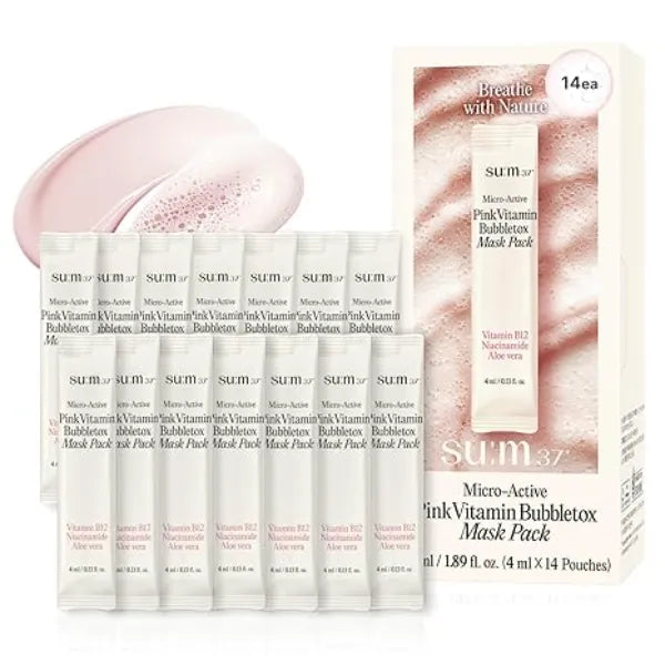 SU:M Micro Active Pink Vitamin Bubbletox Mask Pack Korean Skincare Deep pore cleansing, hydration with Fermented Pink Vitamin 12, Hibiscus, Kaolin & Bentonite 0.13 fl oz