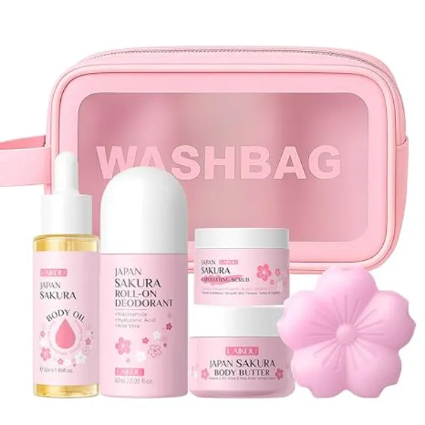 LAIKOU Body Care Skin Care Set Japan Sakura Body Scrub, Body Butter, Body Oil, Roll on Deodorant, Soap 5pcs Gift Set for Women Ideal for Beauty Gifts Birthday Christmas Mother's Day Valentine