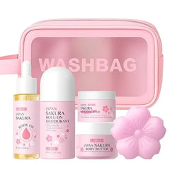 LAIKOU Body Care Skin Care Set Japan Sakura Body Scrub, Body Butter, Body Oil, Roll on Deodorant, Soap 5pcs Gift Set for Women Ideal for Beauty Gifts Birthday Christmas Mother's Day Valentine