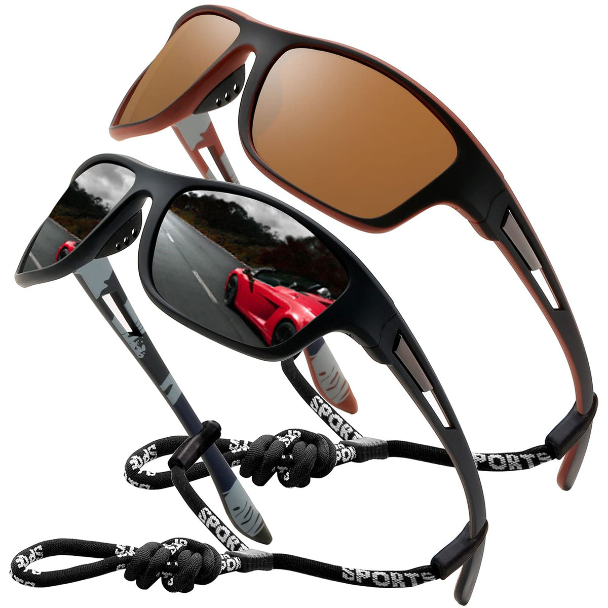 Sports Sunglasses Polarized For Mens Womens Driving Fishing Running Wrap Around Sun Glasses Unbreakable Frame Goggles with Glasses rope Strap UV Protection
