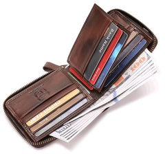 BULLCAPTAIN Mens Genuine Leather Zipper Wallet RFID Blocking Bifold Secure Zip Around Wallets Multi Credit Card Holder Purse (Handmade coffee)