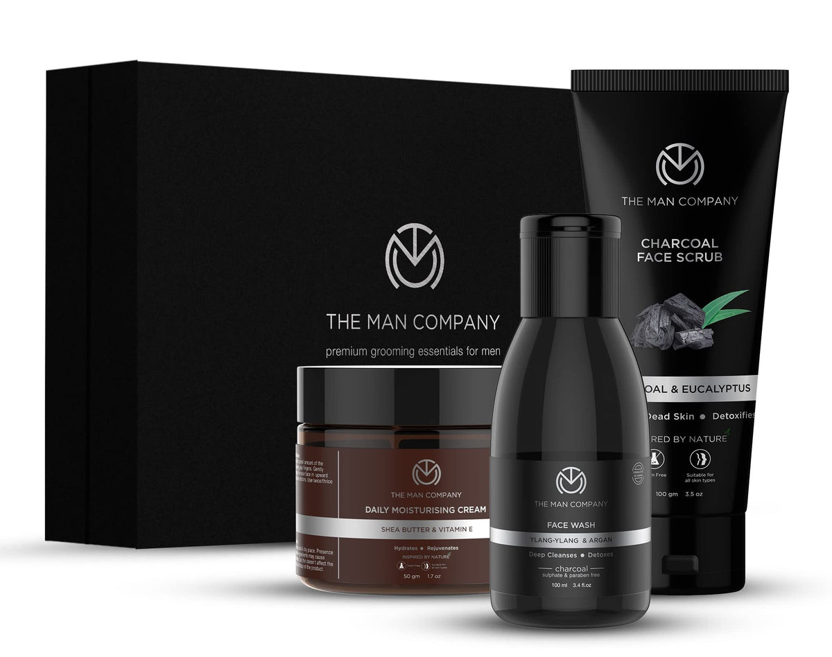 The Man Company Detan Facial Kit - Charcoal Face Wash, Charcoal Scrub, Daily Moisturising Face Cream Best Detan Care - Pack Of 3