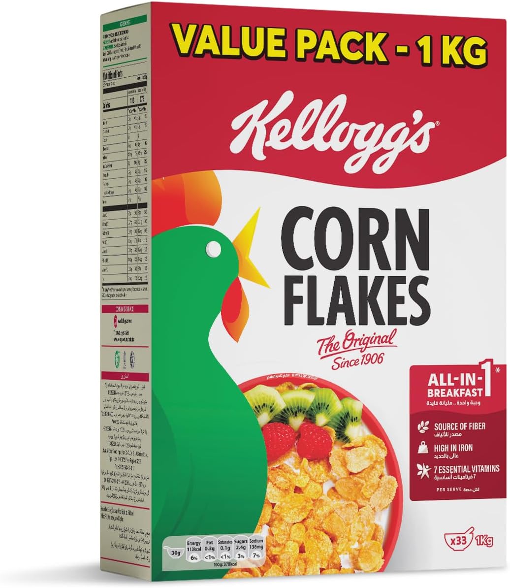 Kellogg's Corn Flakes Cereal The Original, 1 Kg | Multigrain Nourishment, Source of Fibers | High in 8 Vitamin And Minerals, Quick & Easy Breakfast