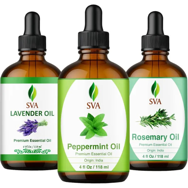 SVA ORGANICS Peppermint, Lavender and Rosemary Essential Oil 4 oz Bundle Super Saver Combo – Premium Grade Value Set for Hair Oiling, Scalp Massage, Hair Care, Skin Care and Body Massage