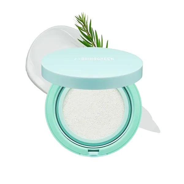BRING GREEN Tea Tree CICA Facial Sun Cushion SPF 50+ PA++++ Korean Mineral Sunscreen for Face Non Nano, Reef Safe, Redness Correcting with Zinc Oxide Travel Size Sun Protection