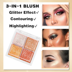 GEEWHILE Shimmer Blushers For Cheeks Make Up, 4 Colors Long-Lasting Blush Palette, 3 In 1 Blusher Contouring Highlighting, Natural-Looking Powder Smudge-proof & Sweat-Resistant Blush for Women (02)