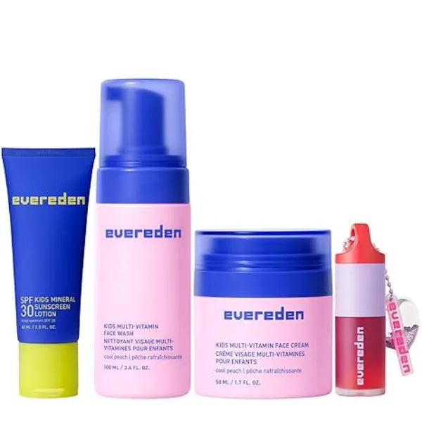 Evereden Daily Routine Set & Non Toxic Lip Gloss Clean & Vegan Skin Care for Kids Nourishing Tween Skincare with Multi Vitamin Face Wash, Face Cream, SPF 30 Sunscreen & Tinted Lip Gloss