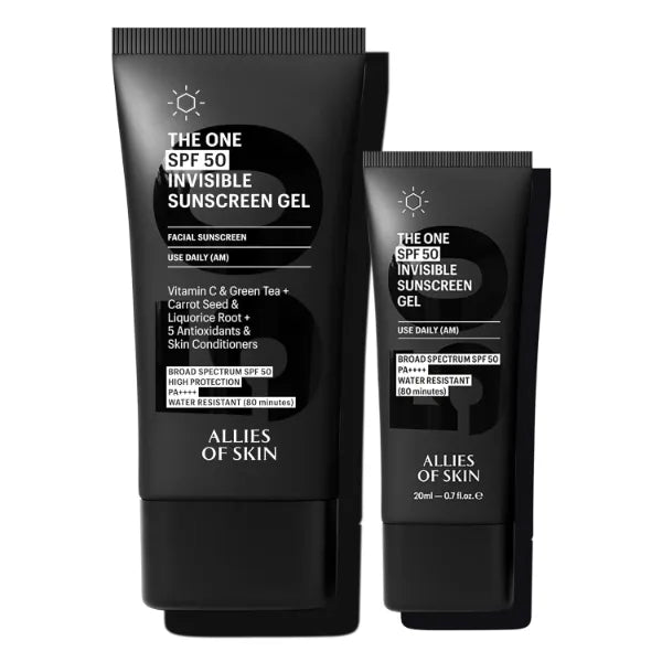 Allies of Skin The One SPF 50 Invisible Sunscreen Gel Duo | Full-Size & Travel-Size Daily Face Sunscreen with Antioxidants & Vitamin C (1.7 oz / 0.7)