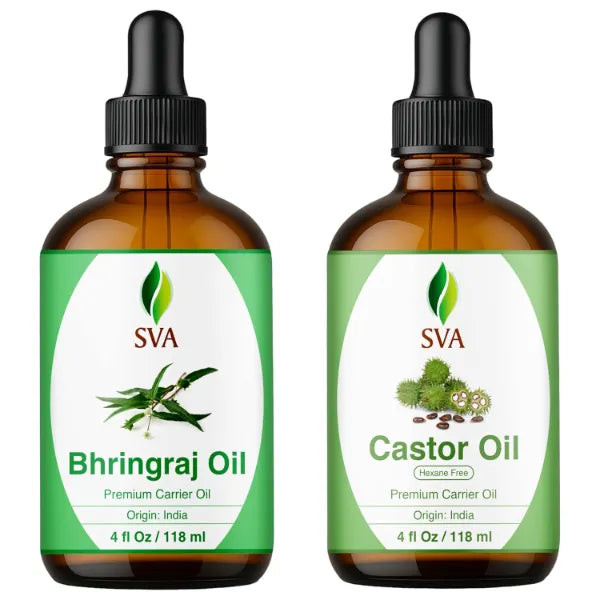 SVA ORGANICS Bhringraj and Castor Oil 4 oz Bundle Super Saver Combo – Premium Grade Value Set for Hair Oiling, Scalp Massage, Hair Care, Skin Care and Body Massage