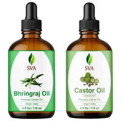 SVA ORGANICS Bhringraj and Castor Oil 4 oz Bundle Super Saver Combo – Premium Grade Value Set for Hair Oiling, Scalp Massage, Hair Care, Skin Care and Body Massage